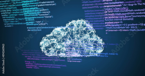 Image of data processing and cloud on blue background