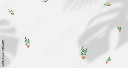 Image of falling green pot plants over shadows on white background