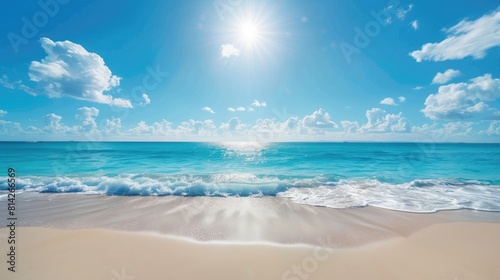 Sunny tropical beach with clear sky and gentle waves 