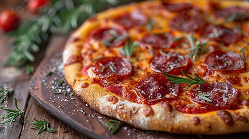 A close-up view of a freshly baked pepperoni pizza garnished with rosemary, showing melted cheese and a golden crust