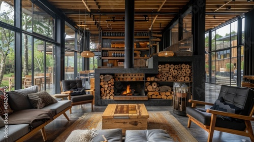 The aroma of burning wood and crackling firewood adds a rustic touch to the modern 