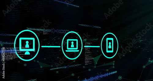 Image of data processing and media icons over black background
