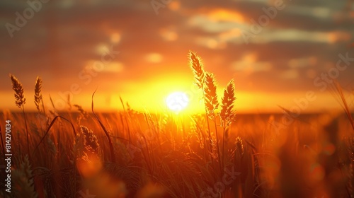 Golden hour sunlight beams strikingly through a wheat field, creating a serene yet vibrant display of natural beauty as the day ends