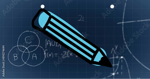 Image of pencil school icon and mathematical formulae over blue background