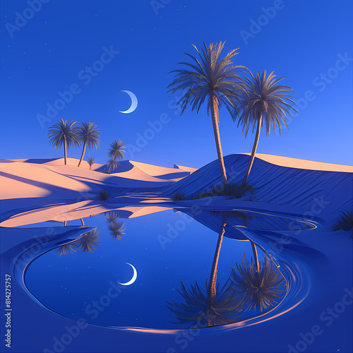 A tranquil desert oasis under a full moon, featuring a shimmering waterhole reflecting the moon's glow and palm trees casting long shadows.