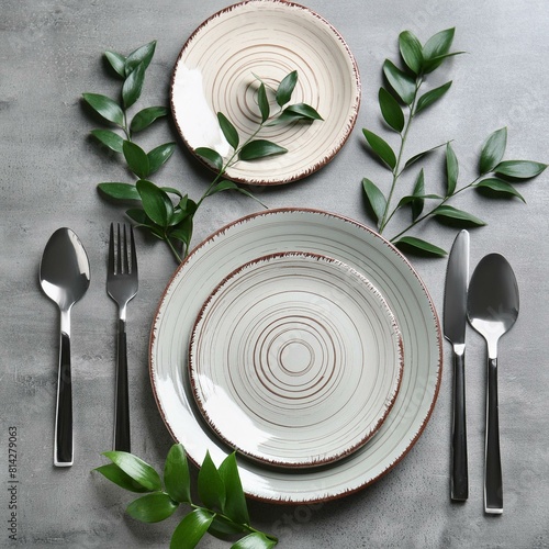 Stylish setting with cutlery, leaves and plates on grey table, top view.