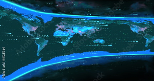Image of data processing and screen with world map on black background