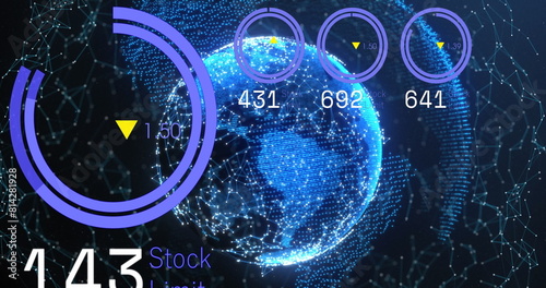 Image of loading circles, changing numbers with connected dots around globe on black background