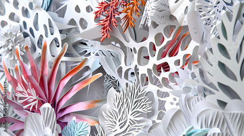 abstract 3D paper-cut background inspired by nature, with intricate paper-cut shapes forming flora arranged in a layered composition