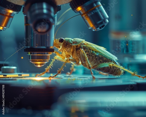 A cockroach being examined under a microscope. AI.