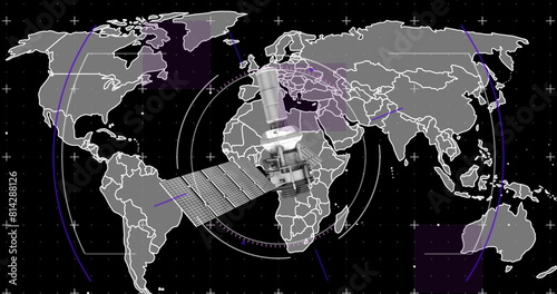 Image of satellite over world map and scope scanning on black background