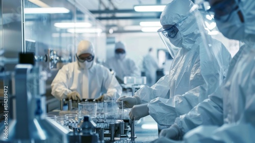 Scientists in hazmat suits working in a lab