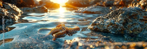 Little octopus crawls between the stones in low tide sea water and the beautiful sunrise realistic nature and landscape