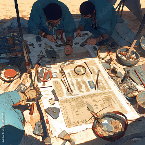 Detailed view of archaeologists meticulously studying artifacts and mapping ancient ruins on a sunny day.