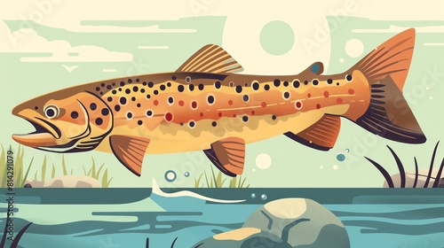 River trout flat design side view, fishing theme, cartoon drawing, vivid
