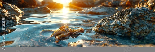 Little octopus crawls between the stones in low tide sea water and the beautiful sunrise realistic nature and landscape