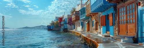 Little Venice seafront, an iconic feature of the Greek island of Mykonos in Cyclades Archipelago, Aegean Sea, Greece realistic nature and landscape