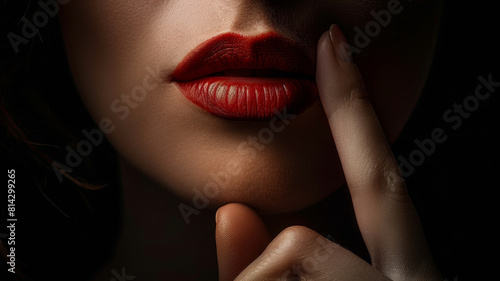 Seductive red lips and finger requesting silence - This image captures the essence of seduction with vibrant red lips and a finger pressed to them asking for silence