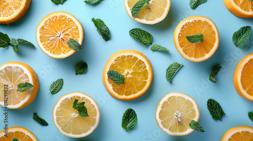 A refreshing background featuring a vibrant collection of sliced citrus fruits like oranges, lemons
