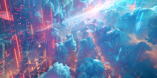 Transcendent Digital Apotheosis Towering Data Clouds in a Luminous Technological Expanse