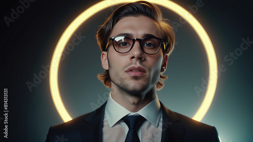 Arrogant young narcissist man in a fashion suit and in glasses looking up at camera and a halo glows above his head. Male narcissism concept