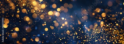 abstract background with Dark blue and gold particle. Decorative artistic background. Christmas Golden light shine particles bokeh on navy blue background. Gold foil texture. Holiday