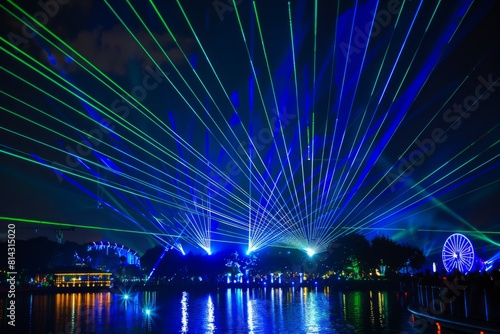 A spectacular nighttime laser show illuminating the theme park with dazzling beams of light and synchronized music, Generative AI
