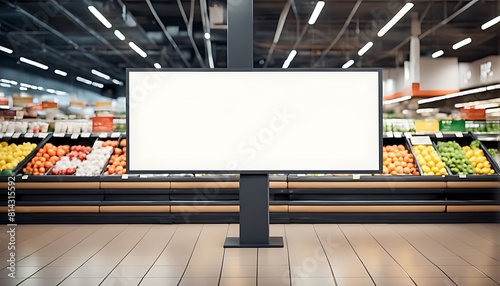 Blank advertising mockup stands within an supermarket setting , blurred background , showcasing a wide banner design featuring ample blank .space for your content design. 