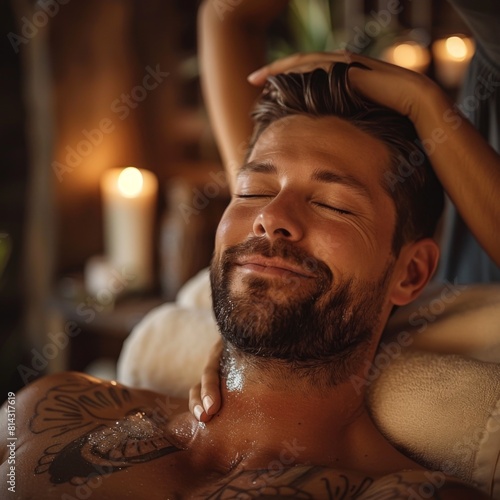 A mid-thirties man playfully winking at the camera while receiving a luxurious hand massage in a spa with classic decorations.