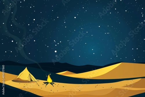 Cartoon cute doodles of a nomad camping under the stars in the desert, with a crackling fire and the silhouette of sand dunes, Generative AI