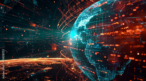 "Digital globe spinning out of control: Hyper-speed global network, excessive connectivity on Earth, super-fast data transfer in a frenzy of crazy exchanges"