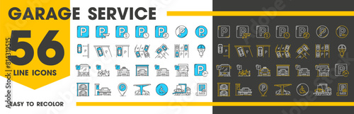 Automatic garage service and parking icons. Line symbols of vector car park slots with bike, bicycle, auto, bus and truck vehicles. Public transport parking area sign, garage lift, ticket, map pointer