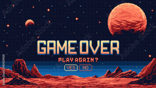 8 bit pixel art video game over screen, mars planet surface landscape. Vector arcade game background, computer game over notification with yes or no choice buttons. Galaxy adventure 8bit gamer console