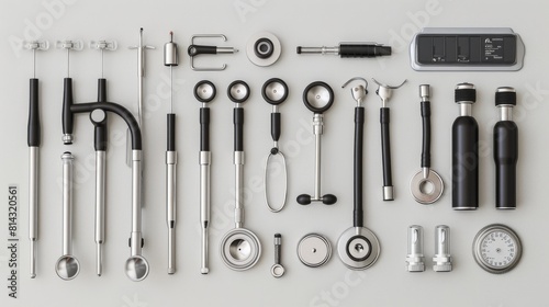 An otoscope set used in ENT diagnostics, neatly arranged and isolated.