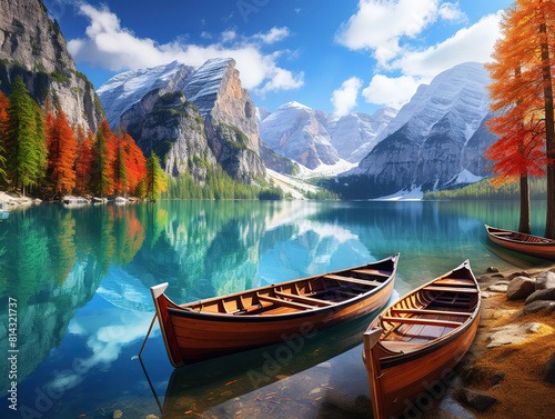 Man rowing boat in the blue lake of braies in the dolomites, south tyrol, italy