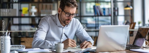 businessman or financial accountant sitting in office workplace at desk with laptop computers, writing something, doing multiple tasks, working with data files, taking