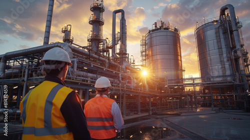 Oil refinery workers in safety vests discuss operations while the setting sun casts a warm glow on the facility.