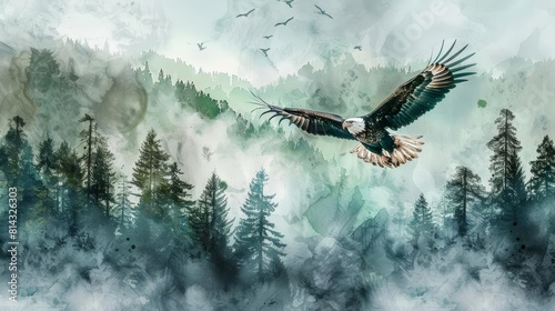 A watercolor painting of a majestic eagle soaring above a dense forest