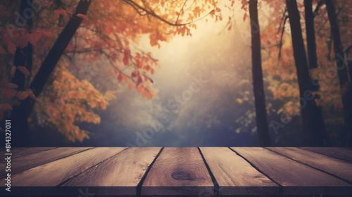 Beautiful blurred boreal forest background view with empty rustic wooden table.