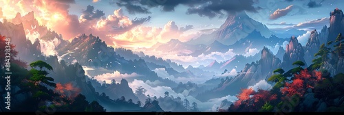 mountain art background vector, panorama view, Traditional oriental style wallpaper realistic nature and landscape