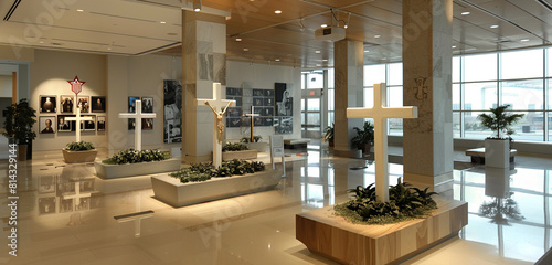 Contemporary memorial crosses with minimalist design, displayed in a corporate atrium alongside photographs and memorabilia honoring fallen servicemen and women.