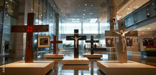  Contemporary memorial crosses with minimalist design, displayed in a corporate atrium alongside photographs and memorabilia honoring fallen servicemen and women.
