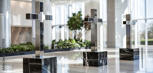 Memorial crosses with sleek, black marble bases and stainless steel accents, placed strategically throughout a corporate campus to commemorate the bravery of servicemen and women.