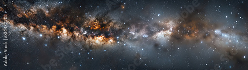 Panoramic view of the Milky Way galaxy, displaying its radiant core and sprawling arms adorned with stars and nebulae.