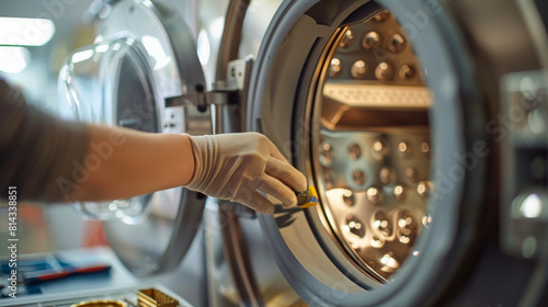 A laboratory technician adjusts settings on a sterilization autoclave machine, ensuring proper operation.