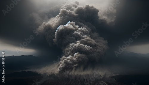 A massive, ominous ash cloud engulfs a cityscape under a dark, stormy sky.