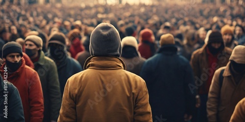 An introvert person standing in a crowd, feeling invisible. isolation