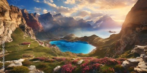 a very beautiful lake surrounded by grassy mountains and pink flowers Symbolize resilience and growth
