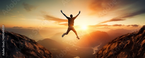image of a man leaping joyfully above a mountainous landscape at sunset, radiating freedom and adventure travel blogs, motivational content, adventure sports advertising, and inspirational social post