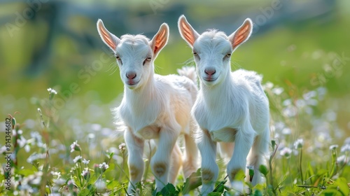 Two little goat babies in summer. Farm animals
